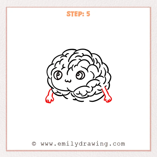 how to draw a cartoon brain - A cute cartoon brain with two small arms and rounded hands added on both sides.